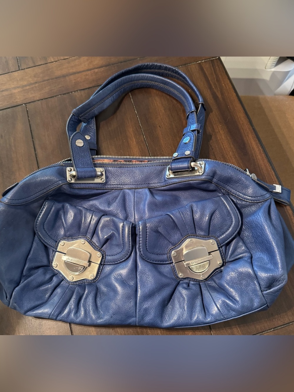 B. Makowsky Classic Navy Leather Shoulder Bag with Silver Hardware - Picture 5 of 5